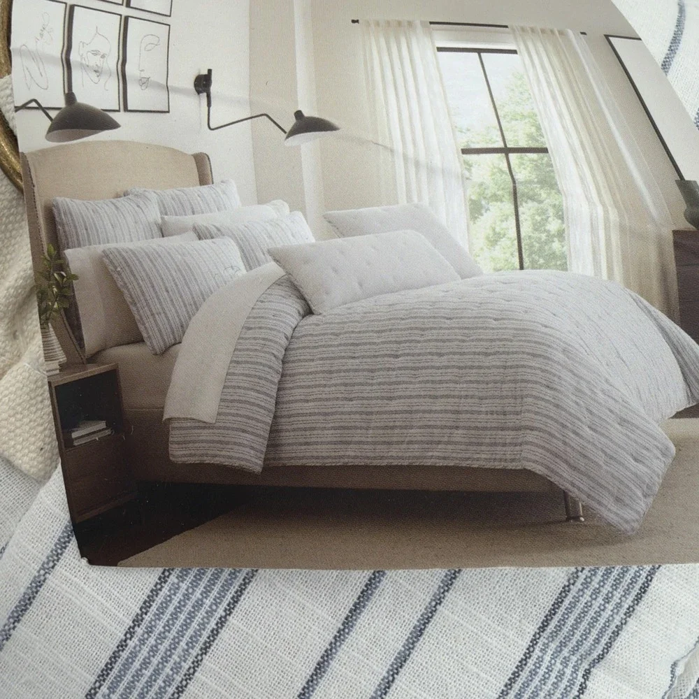 Brooks Brothers Pillow Shams KING White Blue Stripe 100% Cotton Slub Quilted